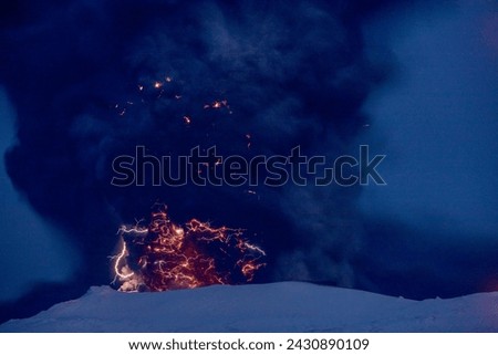Eyjafjallajokull Volcano at Night, Lightning inside Ash Cloud, I