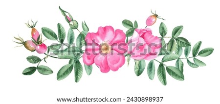 Watercolor dog rose bouquet, floral garland. Composition from flowers, leaves and berries isolated on white background. Botanical hand drawn illustration. For cards, invitations and floral designs.