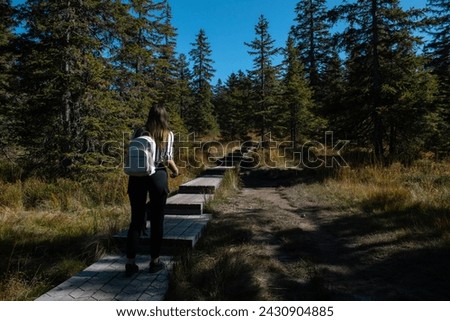 picture of a woman walking along a forest path

