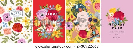 Floral greeting card. Vector cute modern trend illustration of bright flowers, plants, leaves, pattern, girly objects, roller skates, hands, peony, rose for invitation, poster, card, flyer, background Royalty-Free Stock Photo #2430922669