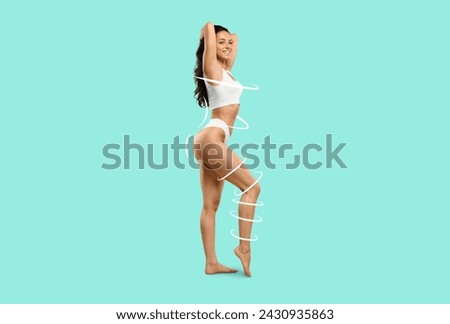 Gorgeous young brunette woman in white underwear with arms behind her head and white circle lines around her slim body posing on colorful background, showing perfect curves, copy space