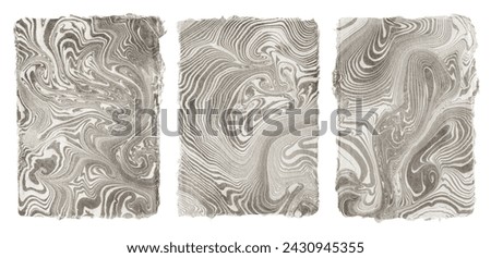 authentic original suminagashi sumi ink marbling on handmade paper cards, traditional Japanese marbled paper cards with deckled edges, set of three, isolated backgrounds, texture and patterns Royalty-Free Stock Photo #2430945355