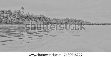 A world without color. Black and white photo of a water trip by boat. Calm rivers and estuaries, tropical forests and clear skies. Suitable for backgrounds, banners and wallpapers.