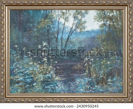 Oil painting forest lake landscape in frame. Fine art summer landscape. Picture of a mysterious forest.