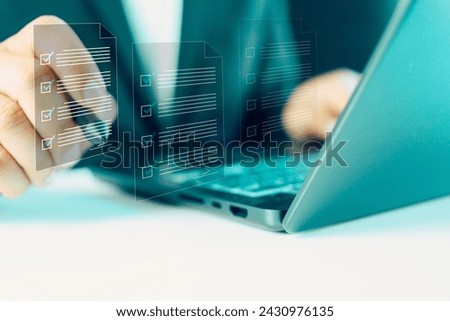 Electronic signature concept, business people sign electronic documents on digital documents, paperless office, future business contract signing. Datasheet document management Royalty-Free Stock Photo #2430976135