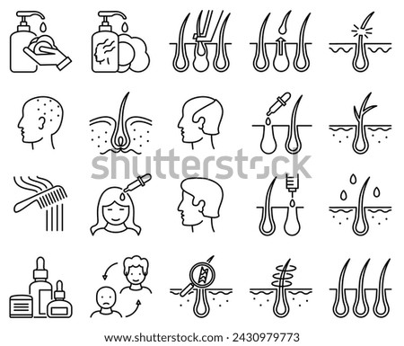 Treatment and Problem of Hair. Thin line icons. Problems of baldness and hair restoration. Hair care, loss problem and  hair transplantation.  Isolated vector illustration. Editable Stroke. Royalty-Free Stock Photo #2430979773