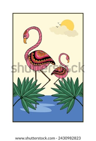 Flamingo Symphony: A Vibrant Madhubani Celebration of Nature and Grace. Echoes of Paradise: A Handpainted Madhubani Journey Through Nature with Flamingos. Handpaintedl, Colorful, Wall decor. Royalty-Free Stock Photo #2430982823