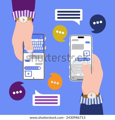 Hands holding smartphone with social messenger app. Mobile smartphone with sms concept. Message sender and receiver holding mobile phone. Vector.