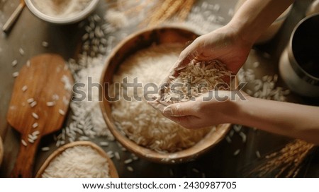Close up of rice grains in a kitchen setting for your background bussines, poster, wallpaper, banner, greeting cards, and advertising for business entities or brands.