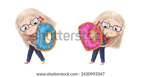 Cute little girl with chocolate donut- letter D. Tasty set on white background. Learn alphabet clip art collection