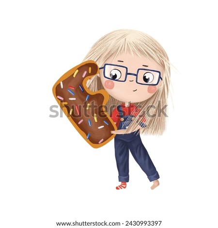 Cute little girl with chocolate donut- letter F on white background. Learn alphabet clip art collection
