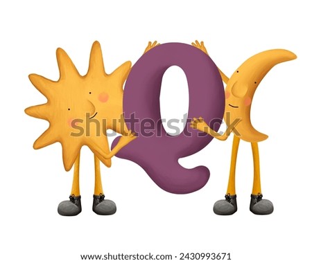 Bright cartoon alphabet. Cute and funny moon and sun with letter Q. Illustration for kids on white background