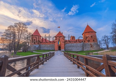 Ancient castle of Trakai in the middle of the lake. Trakai Island Castle historical landmark, Lithuania.