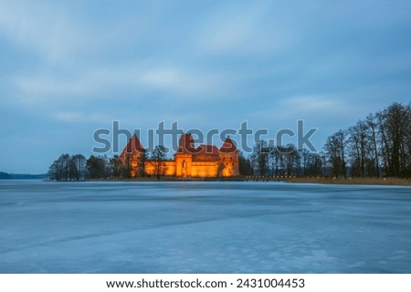 Ancient castle of Trakai in the middle of the lake. Trakai Island Castle historical landmark, Lithuania.