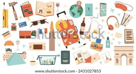 France travel set. Tourism to Paris elements isolated on white background. Trip to Europe country for adventure and rest. Destination, useful items and vacation collection. Vector flat illustration.
