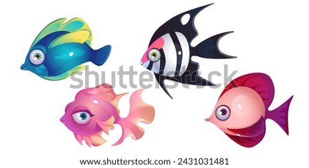 Cute cartoon fish with fin and smiling lips. Vector illustration set of funny sea or ocean animal characters. Aquarium or marine underwater creature collection. Aquatic bottom wildlife habitats