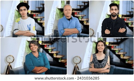 Indian happy diverse business man people standing confident cross arms look camera pose head shot portrait video office. Independent smiling old boss freelance worker team member fold hand indoor home