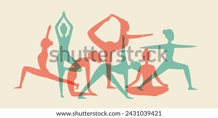 Silhouette of Women in different yoga poses in retro risograph style.Vector stock illustration.