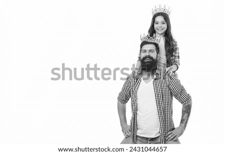 Check your ego. Egoist family. Little girl and bearded man wear crowns. Being egoist with ambition. Egoist and selfish. Egoist concept. Egoism and individualism. Pride and love Royalty-Free Stock Photo #2431044657