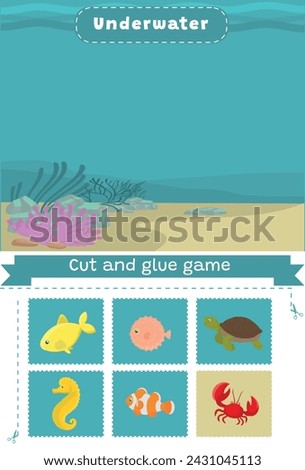 Vector cut and glue activity. Underwater. Sea life.  Crafting game with farm illustration. Fun printable worksheet. 