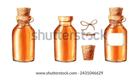 A set of stylish glass oil bottles, cork and decorative rope jute string. Hand drawn watercolor illustration isolated on white. For clip art template label