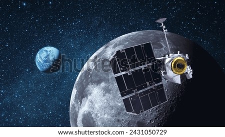 Satellite Lunar Reconnaissance Orbiter flies near the moon with craters and explores the moon in space. View of blue planet Earth from the surface of the Moon Royalty-Free Stock Photo #2431050729