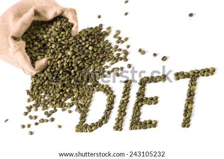Title made from green coffee beans. Isolated on white background.