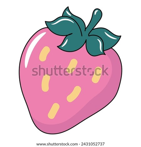 Illustration showing cute pink strawberries with yellow seeds and dark green leaves