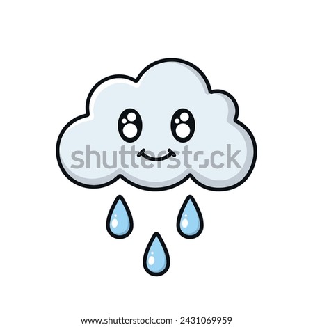 Kawaii cloud flat illustration. White little cloud with smiling face and black outline.