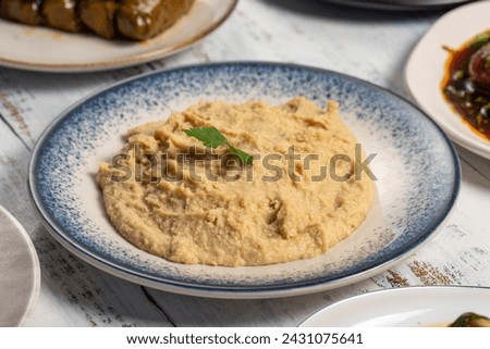 Appetizer varieties. Traditional Turkish and Arabic delicacies. Various mezze flavors on white wood background. Dolma, Muhammara, artichoke with olive oil, kibbeh, chicken salad, eggplant salad