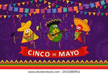 Nachos, avocado and chili pepper characters of Cinco de Mayo Mexican holiday, vector banner. Funny Mexican avocado in sombrero, mariachi pepper with maracas and papel picado for Cinco de Mayo fiesta Royalty-Free Stock Photo #2431080961