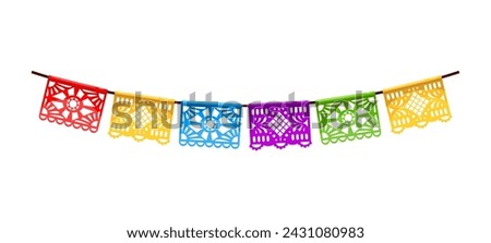 Mexican Cinco de mayo holiday pennants. Isolated cartoon vector hanging papel picado flag garland, vibrant party decorations, symbolizing joy and cultural pride for celebration of Hispanic heritage Royalty-Free Stock Photo #2431080983