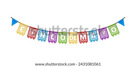 Mexican cinco de mayo holiday pennants. Isolated cartoon vector hanging papel picado flag garland, vibrant party decorations for celebration Hispanic heritage, symbolizing joy and cultural pride Royalty-Free Stock Photo #2431081061