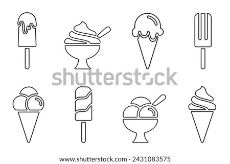 Ice cream line icon set, black outline on white. Balls in waffle cone, soft serve sundae in glass, popsicle on stick. Vector sign or png logo for web design, illustration of summer sweet snack.