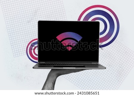 Composite graphics collage image of hand hold new macbook screensaver symbol wifi connection speed free area isolated on grey color background