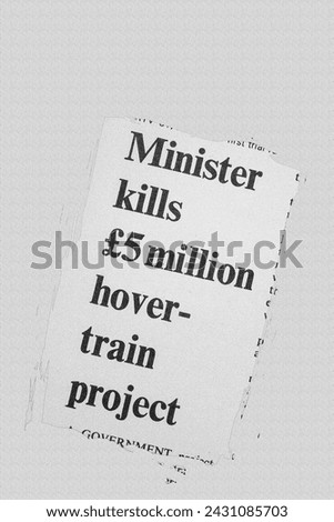 Minister kills £5million hover-train project - news story from 1973 UK newspaper headline article title pencil sketch