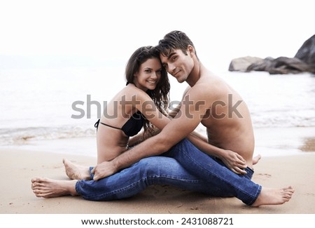Portrait, couple and beach with smile for affection on vacation, bonding and love with trip on summer in Barcelona. Relationship, holiday and travel for happiness, memory and break with romance Royalty-Free Stock Photo #2431088721