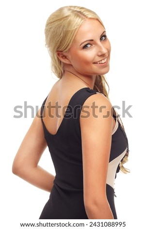 Portrait, fashion and smile of woman in studio isolated on a white background. Face, model and happy blonde person or young girl in trendy clothes, outfit or stylish dress on a backdrop in Germany