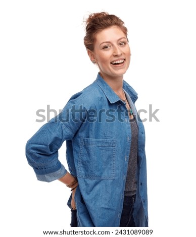 Woman, portrait and laughing for joke in studio, funny humor and confidence on white background. Happy female person, comedy and smile on mockup space, goofy comic and positive for enjoyment on face