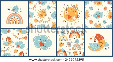 Cute baby vector clip art collection for cards, templates. Isolated hand drawn kids stickers, seamless patterns. Set of symbols and characters: summer rainbow, sun, happy birds, funny cloud.