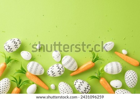 Easter mood creation: top view snapshot of colored eggs, carrots as bunny treats, and sprinkles on a pastel green background with empty space for touching words
