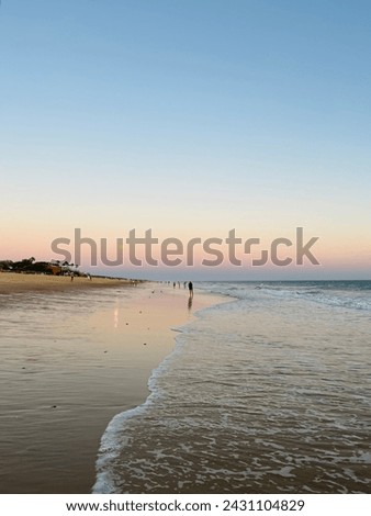 Natural pastel colors at the sandy ocean coast, ocean shore reflection, purple sky