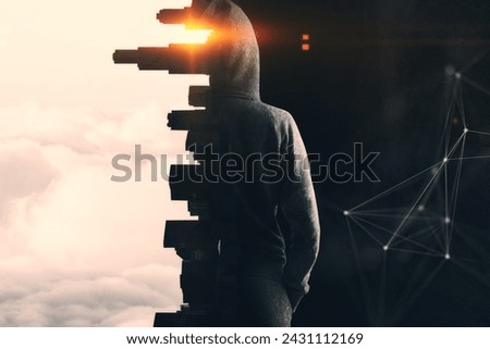 Back view of hacker in hoodie standing on abstract concrete city and sunset polygonal background. Hacking and malware concept. Double exposure