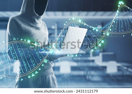 A mysterious hooded figure presents a glowing DNA strand hologram, symbolizing gene editing