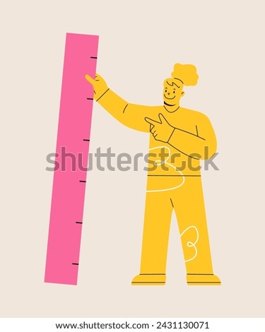 Woman holding big ruler, measuring tool in hand. Colorful vector illustration
