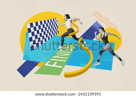 Collage photo banner of two young girls competition active running sportive tournament marathon finish line isolated on beige background