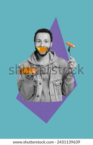 Vertical collage picture young man holding dish plate fork sausage potato plate cheerful positive mood culinary drawing background