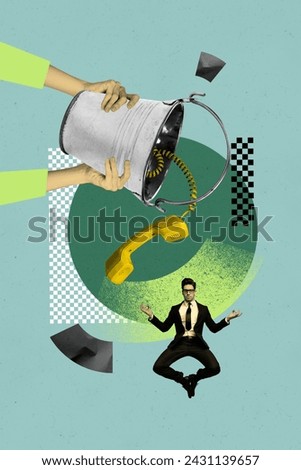 Composite collage picture image of young businessman under bucket telephone call center operator isolated on green color background