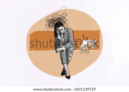 Photo collage creative picture young lady worker sit depressed drawing doodles mess mind disorder chaos exhaustion flying insect
