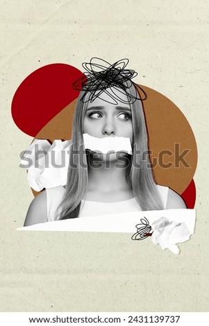 Vertical collage poster young girl stressed worried mind mess drawing doodles overthinking censorship muted speech cutout mouth